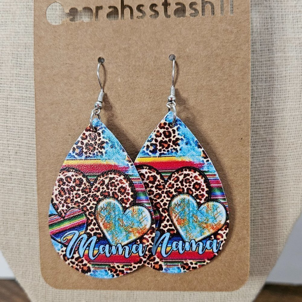 FAUX Leather Earrings, between 2.5" and 3.5" NWT, Mama, Heart, Animal Print